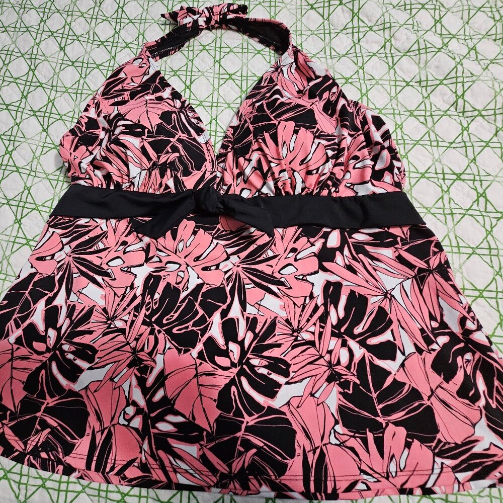SWIMSUITS for All  Pink Palm Halter Tankini Top Size 22